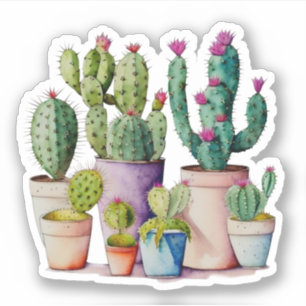 Adesivo Sucultivos cactos de aquarela branca em potes