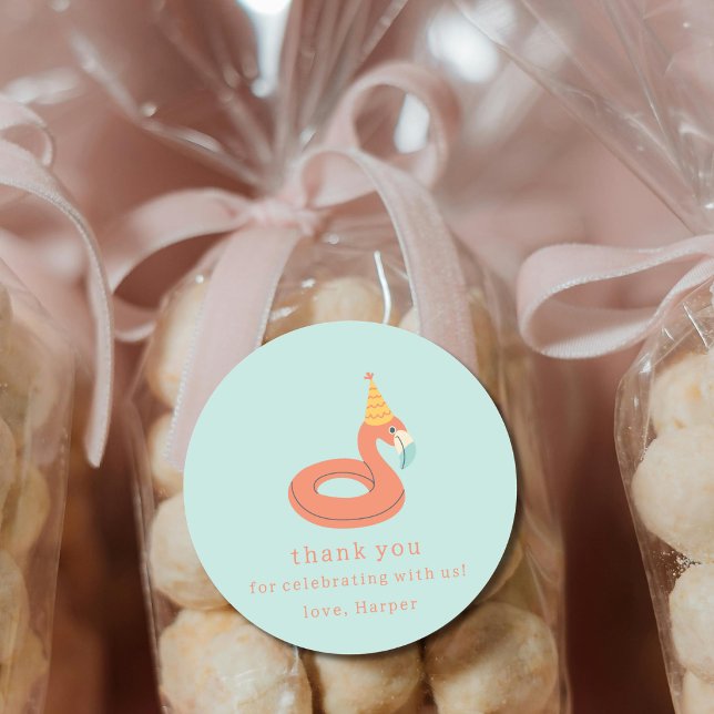 Adesivo summer flamingo float kids birthday pool party (flamingo birthday pool party personalized name thank you party favor sticker label)