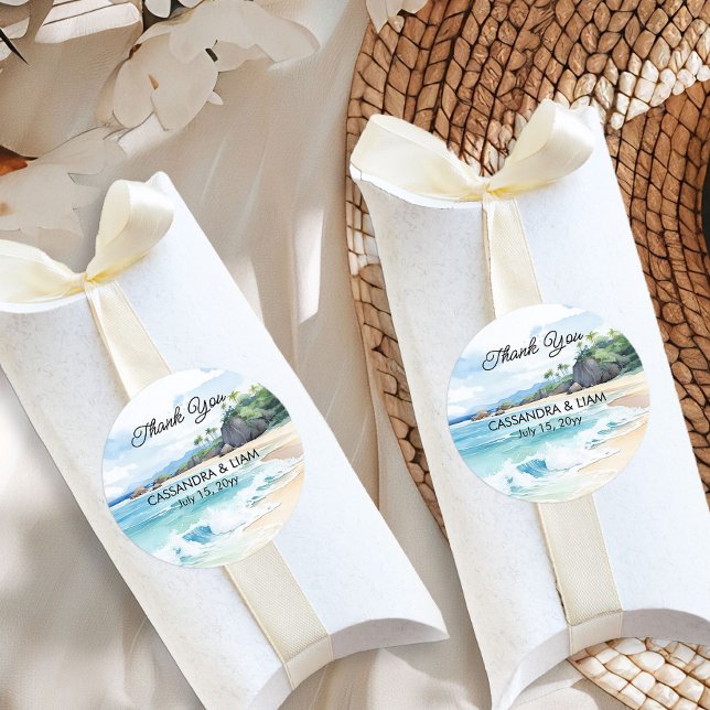 Adesivo Summer Tropical Beach Weding Obrigado Favor (Wedding Favor stickers from the Summer Beach Wedding Collection by Darling & May)