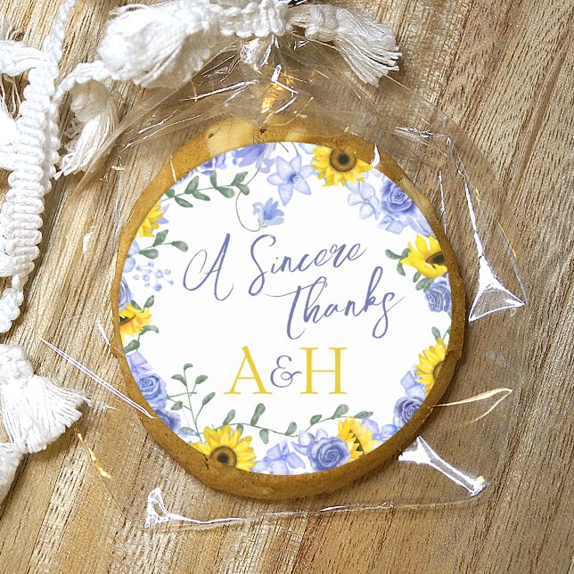 Adesivo Sunflower & Light Blue Floral Wreath Wedes (yellow sunflowers, dusty blue roses wedding favor sticker, label for cookies, treats and gifts)