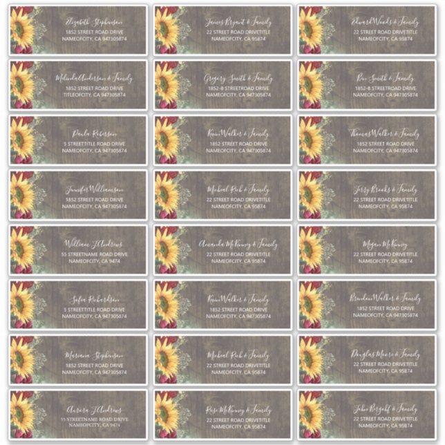Adesivo Sunflower Rustic Fall Guest Names Endereço Etiquet (Frente)