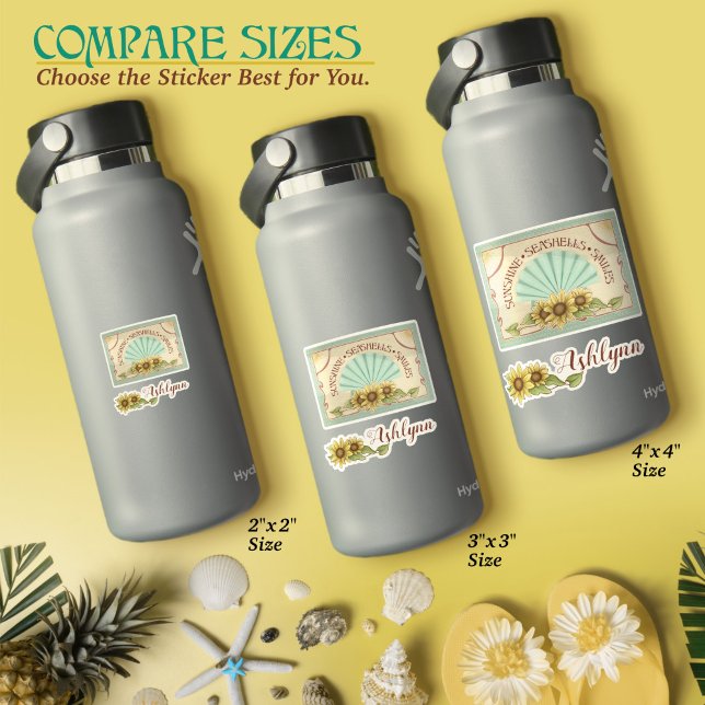 Adesivo Sunflower Seashell Vintage Vibes Personalized Name (Sunflower Seashell Smiles–Vintage Vibes Personalized Name Sticker Sheet)