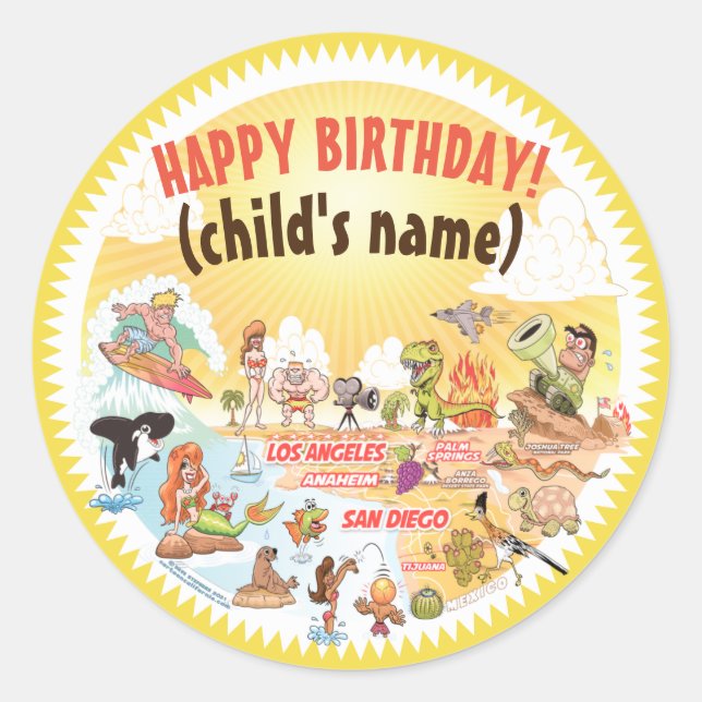 Adesivo Sunny California Beach Birthday Sticker (Frente)
