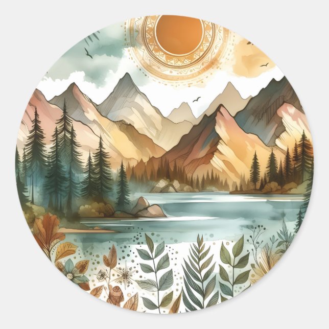 Adesivo Sunny Rustic Boho Nature Pattern Mountain Lake (Frente)