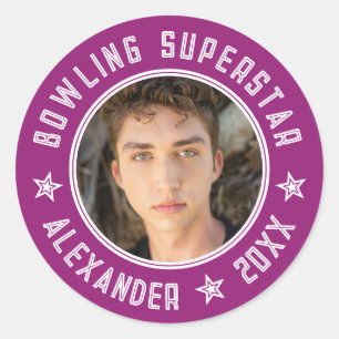 Adesivo Superestrela do Boliche Moderno Roxo Rosa Nome Fot