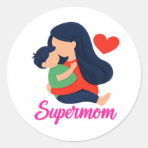 Supermom Cute Mother and Child Round Sticker
