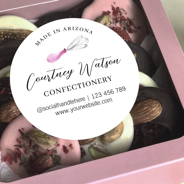 Adesivo Suspiro de Aquarela Elegante, Feito Com Aguardente (Pink watercolor whisk bakery sticker to finish off your desserts packaging design)