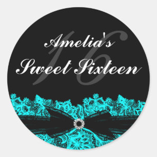 Adesivo Sweet 16 de renda azul-turquesa e preto