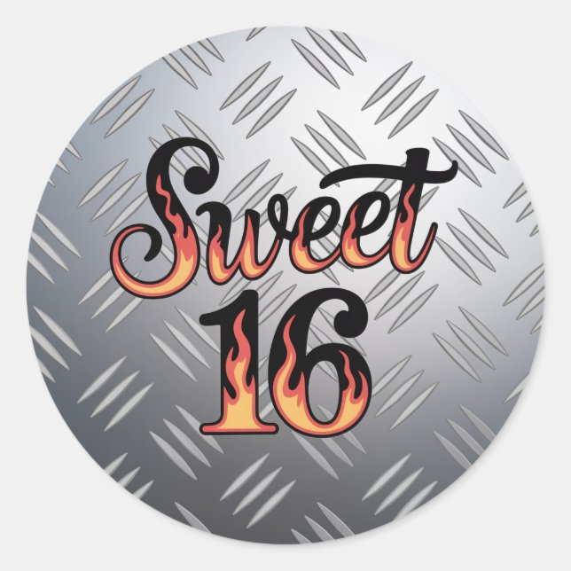 Adesivo Sweet 16 In Fire Flames and Silver Plate Birthday (Frente)