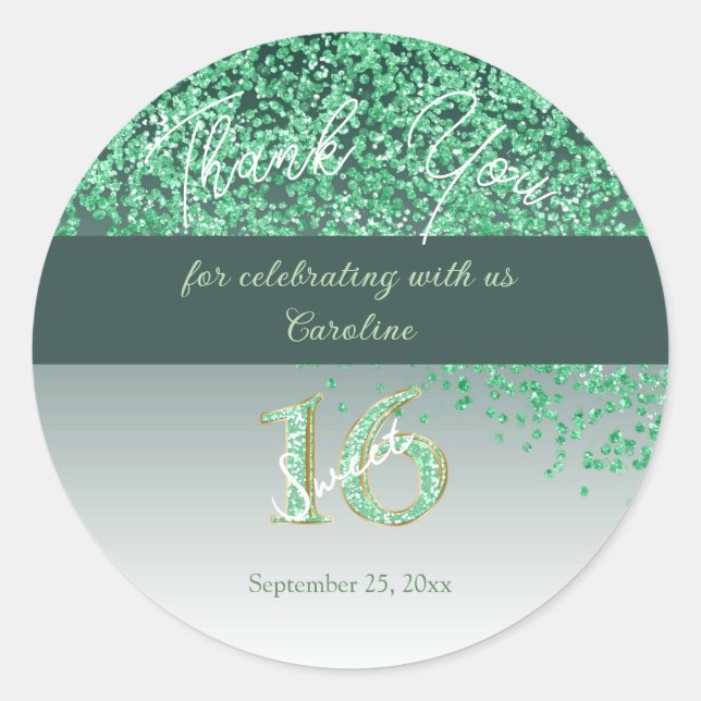 Adesivo Sweet 16 Thank You Falling Green Glitter (Frente)