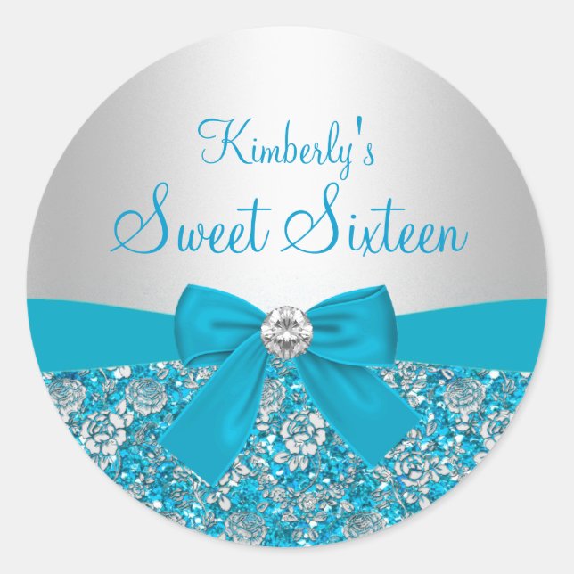 Adesivo Sweet Sixteen com Brilho Azul e Laço (Frente)