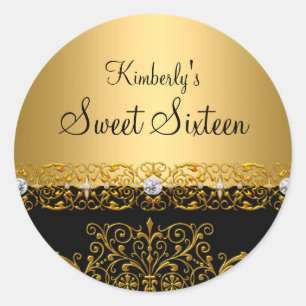 Adesivo Sweet Sixteen dourado e preto em damasco