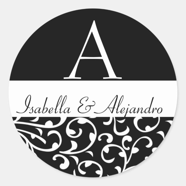 Adesivo Swirl Damask Monogramas Nomes de Casamento Etiquet (Frente)