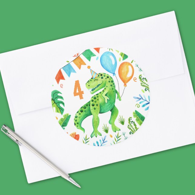 Adesivo T rex Dinossaur Boys Birthday Watercolor (T rex Dinosaur Boys Birthday Watercolor Classic Round Sticker)