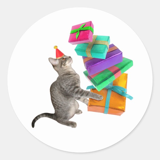 Adesivo Tabby Cat Birthday Presente Pile Round Sticker (Frente)