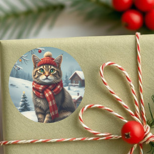 Adesivo Tabby Cat em Preppy Winter Attyre and Hat Winter