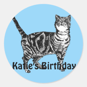Adesivo Tabby Cat Whimsical Blue Girls Birthday Sticker
