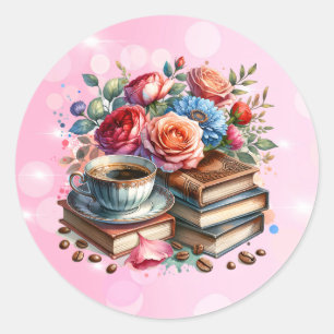 Adesivo Taça e Flores de Café de Alta e Vintagem