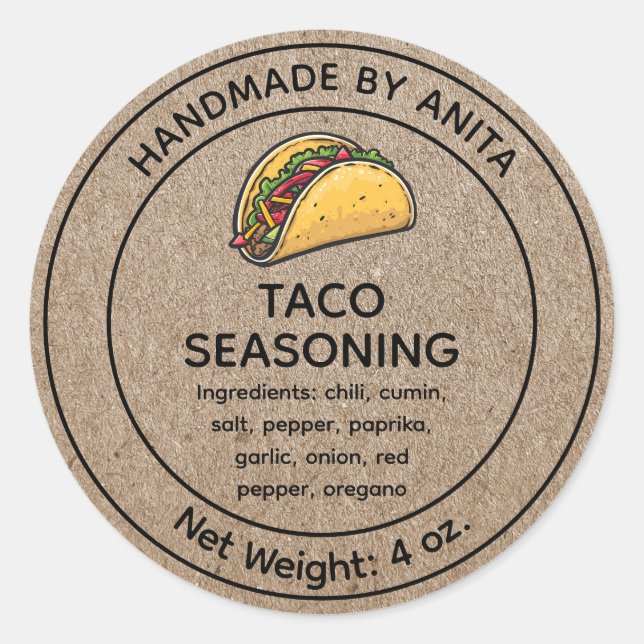 Adesivo Taco Seasoning Mistura Jar Label Kraft Estilo de P (Frente)