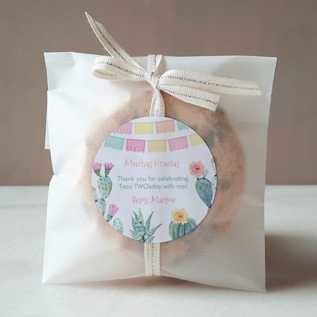Adesivo Taco Sobre Uma Festa De Chá de fraldas Fiesta Obri (Colorful Mexican theme Taco TWOsday or THREE-esta birthday party favor thank you sticker)