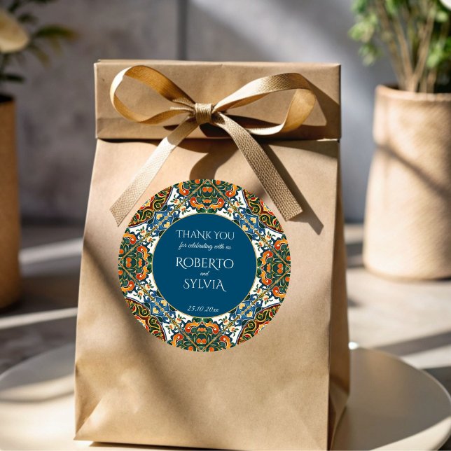 Adesivo Talavera mexicana, um favor de casamento elegante (Mexican Talavera teal elegant wedding thank you favor Sticker template vintage Mexican wedding favor)