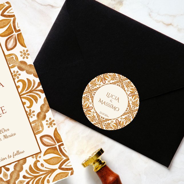 Adesivo Talavera terracotta vintage casamento mexicano (Talavera terracotta vintage Mexican wedding Sticker template bride and groom names envelope stickers)