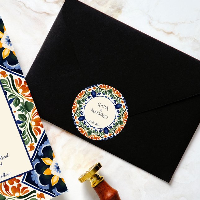 Adesivo Talavera vintage monograma do casamento mexicano i (Talavera vintage Mexican wedding monogram printed  Sticker bride and groom names envelope stickers)