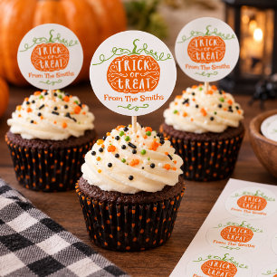 Adesivo Tampa de Cupcake de Abóbora Laranja Verde de Hallo