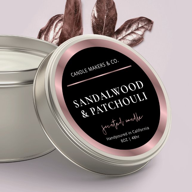 Adesivo Tampa de Vela Dourada e Negra Moderna (Black and rose gold round product stickers for candle tin or jar lids)