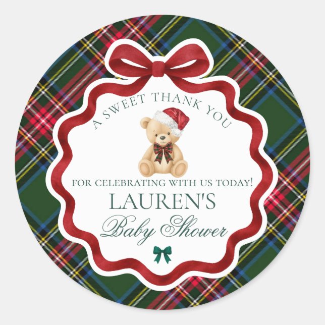 Adesivo Tartan Plaid Christmas Bear Baby Shower Favor (Frente)