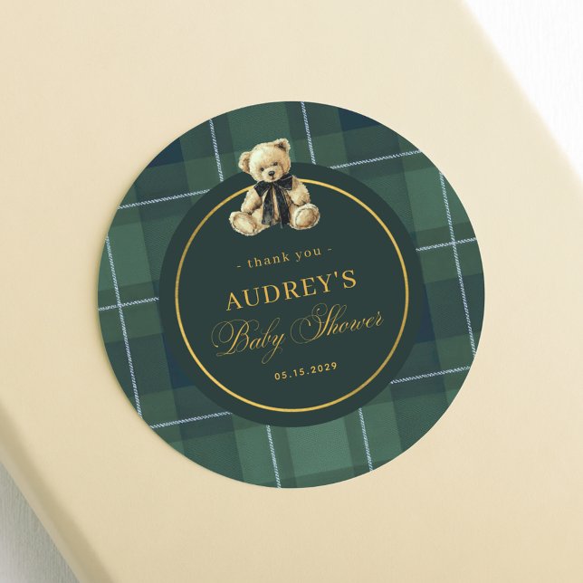 Adesivo Tartan Polo Plaid Teddy Bear Baby Shower Thank You (Criador carregado)