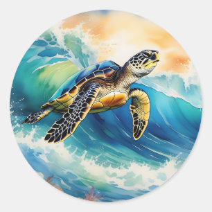 Adesivo Tartaruga-do-mar a deslizar uma Aquarela de Ondas