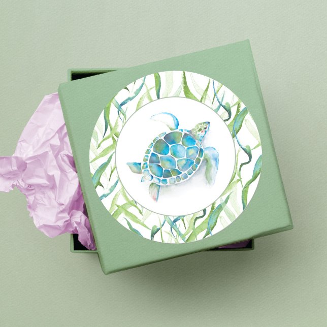 Adesivo Tartaruga do mar tropical Molercola de água (Tropical Sea Turtle Watercolor Greenery Classic Round Sticker)