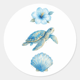 Adesivo Tartaruga Marinha em Aquarela Azul e Elementos Cos