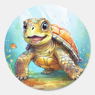 Adesivo Tartaruga Marinha Fofa na Ilustração do Oceano