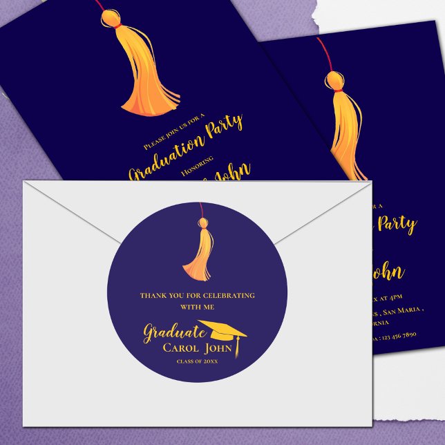 Adesivo Tassel Dourado Azul 2025 Graduação Obrigado (Blue Gold Tassel 2025 Graduation Thank you Classic Round Sticker)