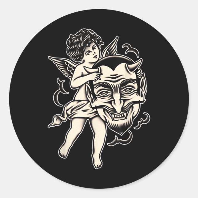 Adesivo Tatuagem Tradicional De Cherub E Satã (Frente)