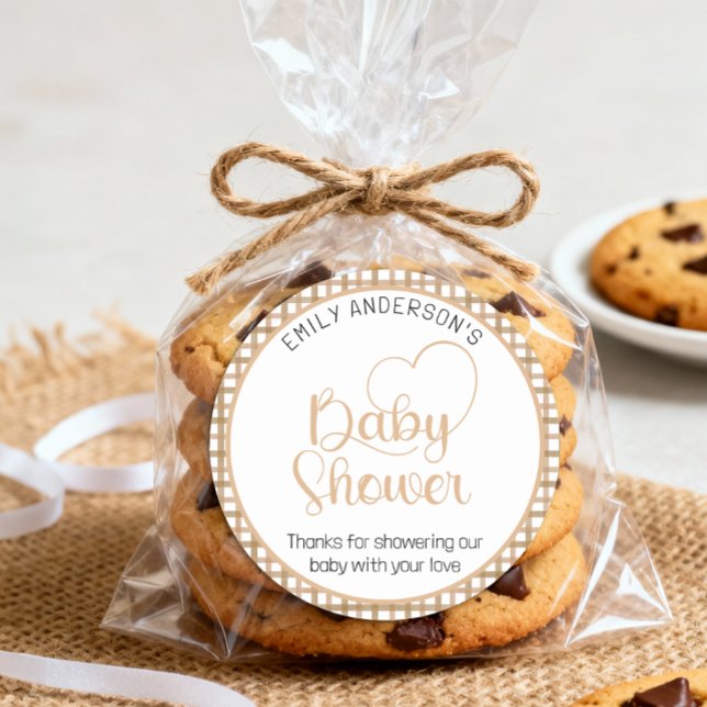 Adesivo Taupe Gingham Baby Shower Favor Sticker (Baby Shower Favor Sticker)