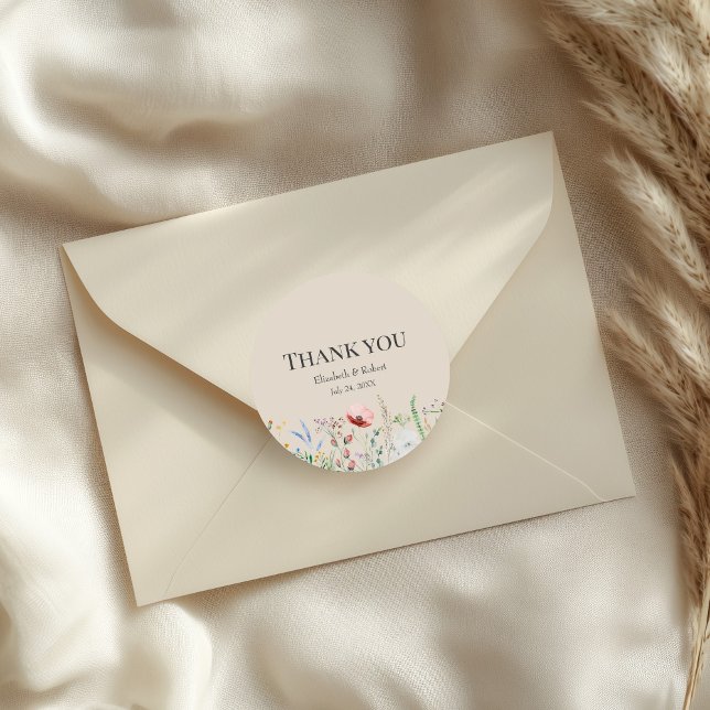 Adesivo Taupe Wildflower Meadow Wedch Obrigado Sticker (Taupe Wildflower Meadow Wedding Thank You Sticker on an elegant wedding envelope)