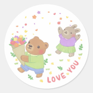 Adesivo Te Amo: Urso de Teddy & Coelhinho com Flores