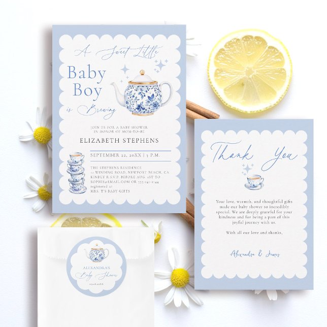 Adesivo Tea Brewing Blue Script Elegant Boy Baby Shower (boy baby shower stationery decor tea brewing theme blue watercolor elegant modern stylish classy)