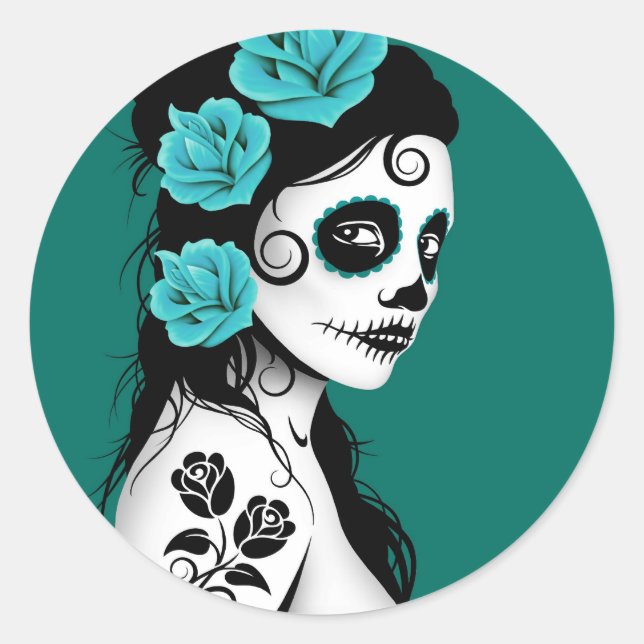 Adesivo Teal Blue Day of the Dead Sugar Skull Girl (Frente)
