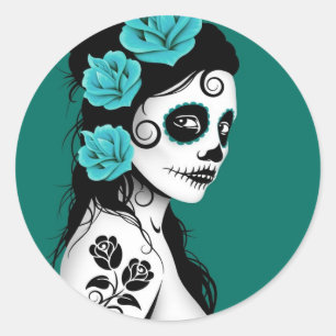 Adesivo Teal Blue Day of the Dead Sugar Skull Girl