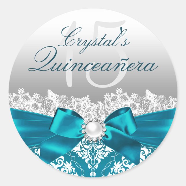 Adesivo Teal Damask & Pearl Arco Quinceanera Sticker (Frente)
