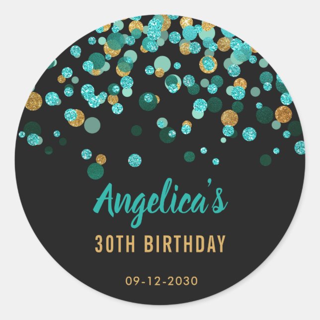 Adesivo Teal Dourada Glitter Confetti Black Birthday Favor (Frente)