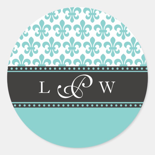 Adesivo Teal Fleur de lis Wedding Monograma Sticker (Frente)