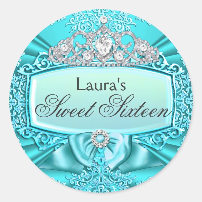 Adesivo Teal Princess Tiara & Damask Sweet 16 Sticker (Frente)