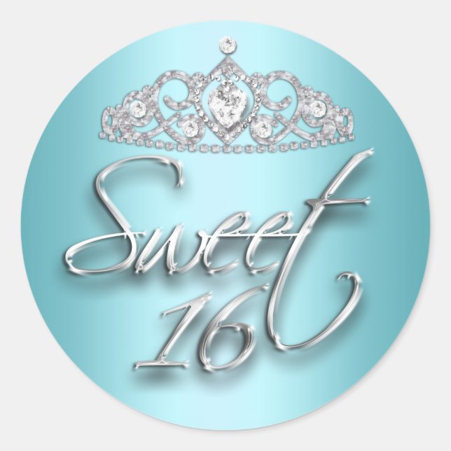 Adesivo Teal & Silver Sparkle Tiara Sweet 16 Sticker (Frente)
