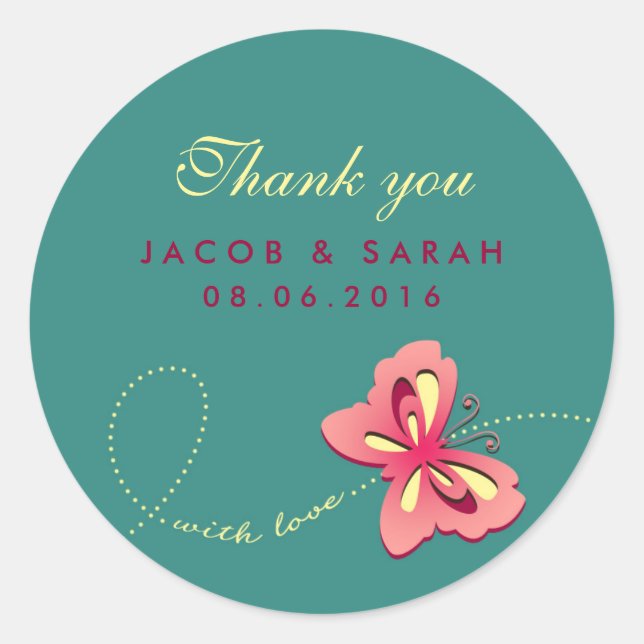 Adesivo Teal Swirls Butterfly Casamento Obrigado Sticker (Frente)