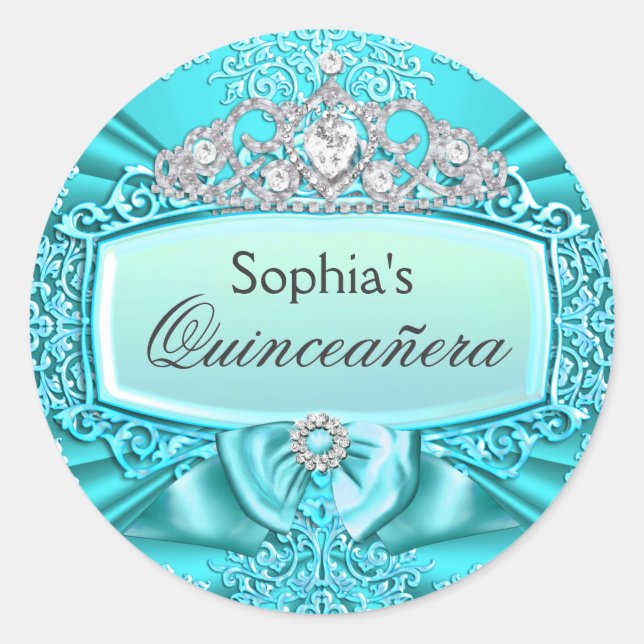 Adesivo Teal Tiara & Damask Quinceanera Sticker (Frente)
